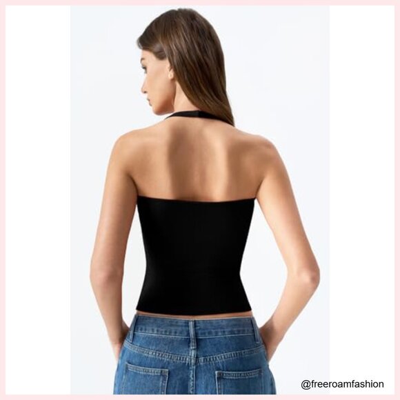 Double Lined Halter Tank Top Sleeveless Open Back Slim Fit Summer - Picture 5 of 7